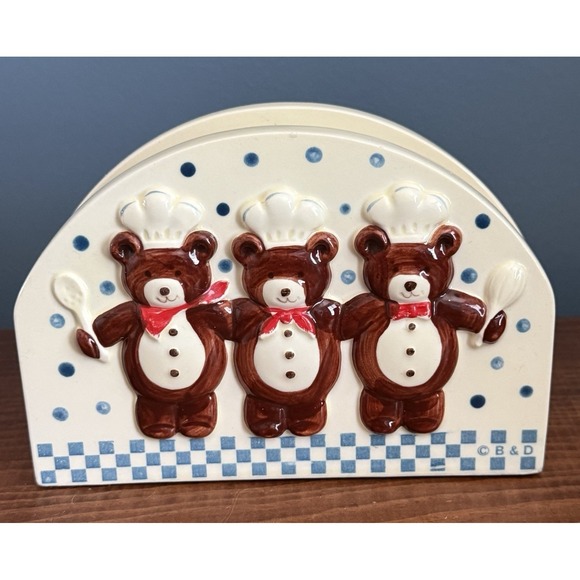 B&D Other - Vintage Teddy Bear Chef Napkin Holder Ceramic Blue Check Polka Dot Hand painted